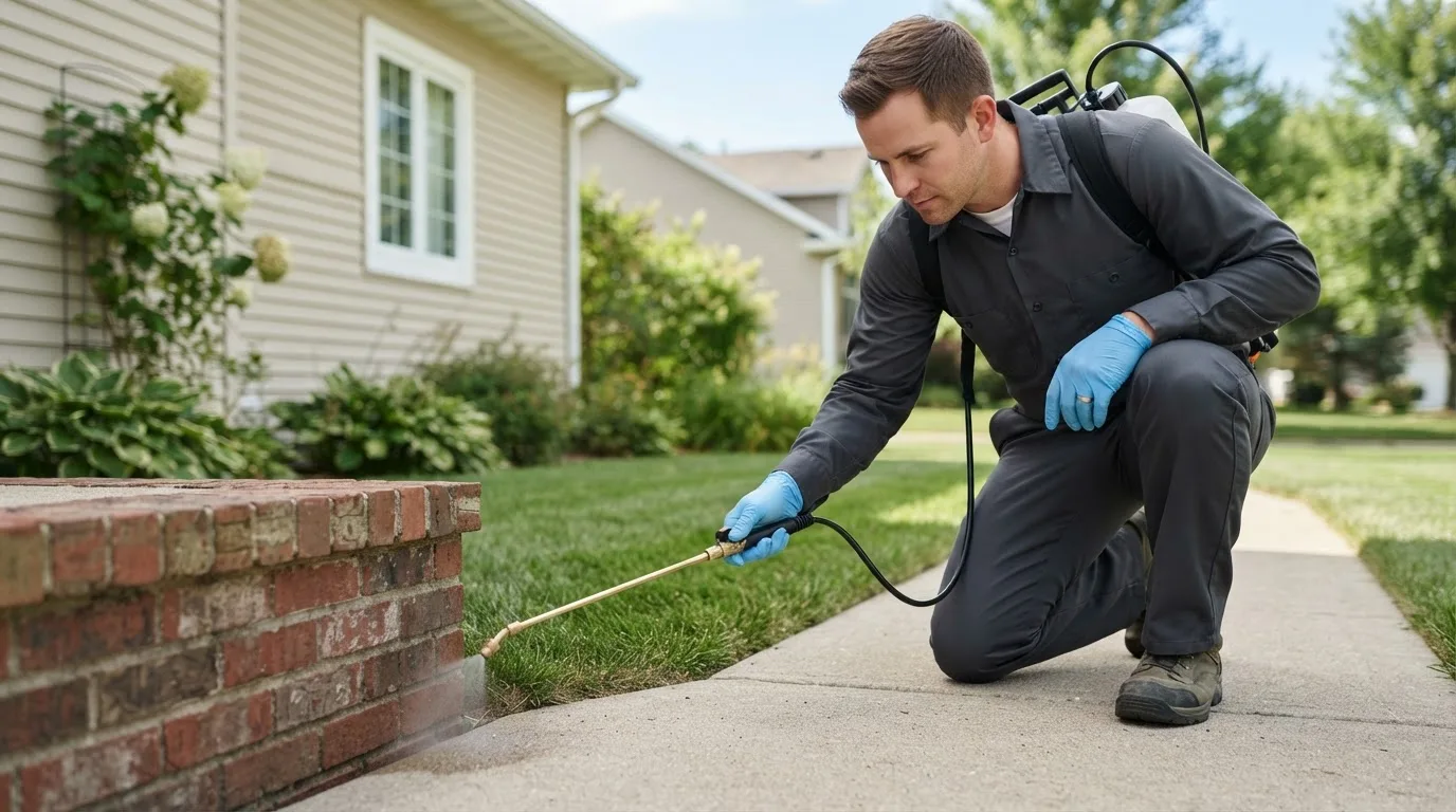Pest control technician treating a home near South Windsor, CT